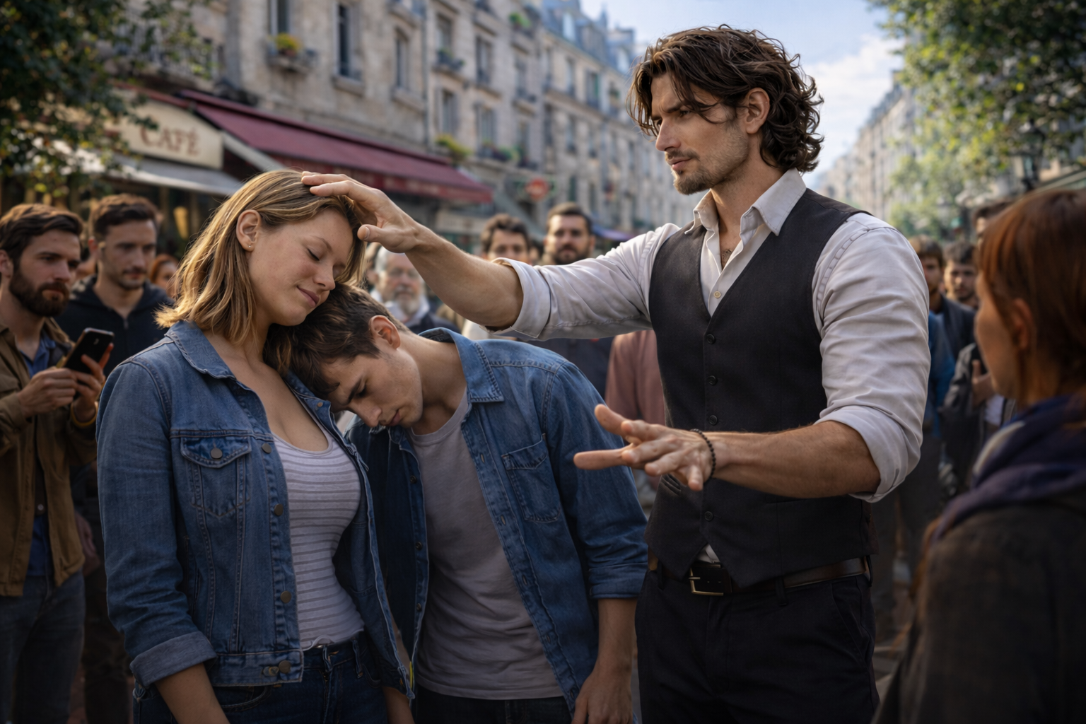 Scène de rue avec interaction humaine autour de l'hypnose
